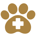 Brown paw print with a white cross in the center, representing a veterinary clinic