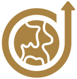 Brown and white logo with an arrow pointing up to the top of a globe, set against a white background