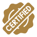 Brown certified logo with the word "Certified" written in white against a white background