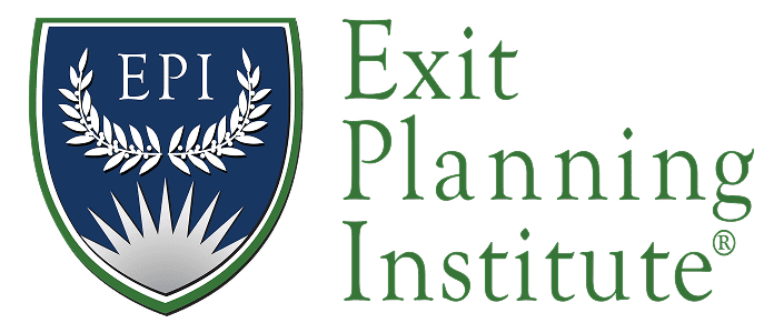 Exit planning institute logo, which consists of a blue and white shield