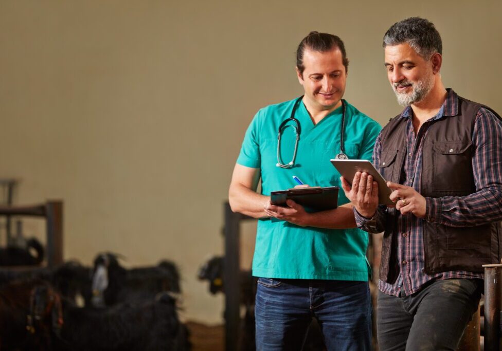 Two men standing next to each other in a barn